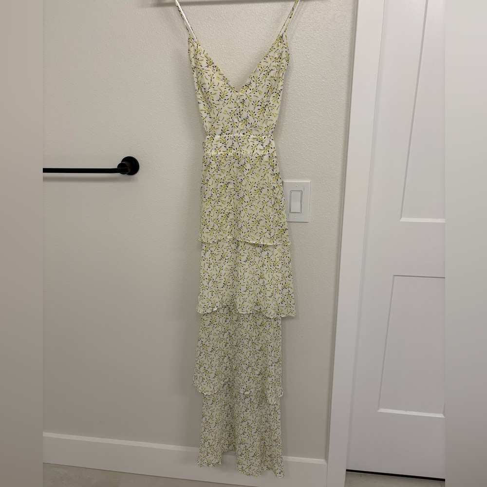Aqua Yellow Floral Tiered Spaghetti Strap Maxi Dress
